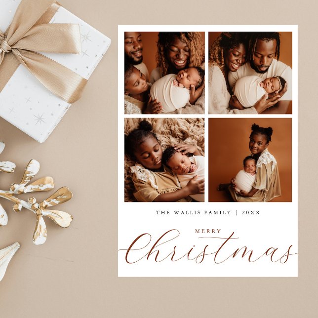 Elegant Beige Modern 4 Photo Collage Christmas Holiday Card (Creator Uploaded)