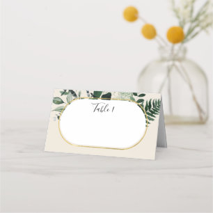 Elegant Beige Modern arch with botanical greenery Place Card