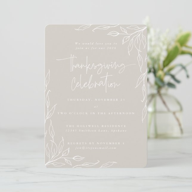 Elegant Beige Modern Leaf Motif Thanksgiving Invitation (Standing Front)