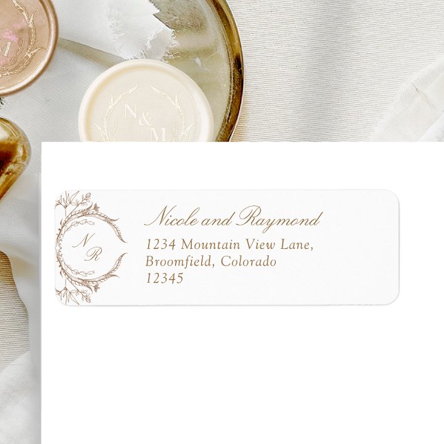 Elegant Beige Monogrammed Wedding Return Address Label (Creator Uploaded)