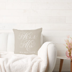 Elegant Beige Mr and Mrs Script Custom Monogram Cushion