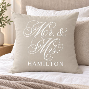 Elegant Beige Mr and Mrs Script Wedding Cushion