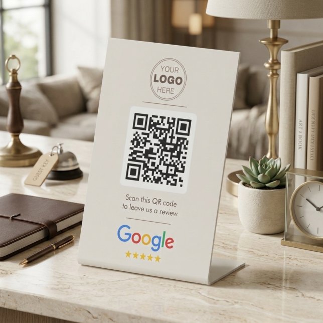 Elegant Beige Neutral Review QR Code Pedestal Sign (Elegant Beige & Neutral Custom Business Review QR Code Sign)