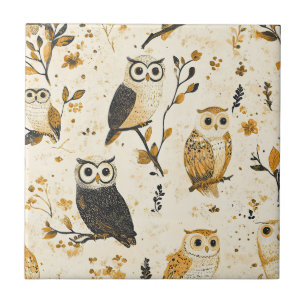 Elegant Beige Owl Wildlife Botanical Pattern Ceramic Tile