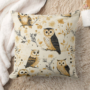Elegant Beige Owl Wildlife Botanical Pattern Cushion