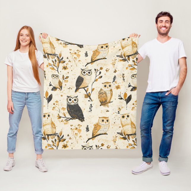 Elegant Beige Owl Wildlife Botanical Pattern Fleece Blanket (In Situ)