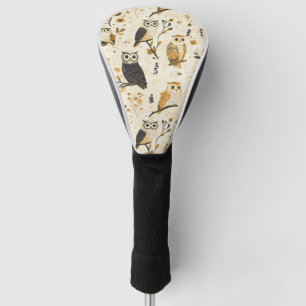 Elegant Beige Owl Wildlife Botanical Pattern Golf Head Cover