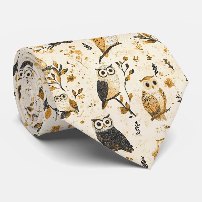 Elegant Beige Owl Wildlife Botanical Pattern Tie (Rolled)
