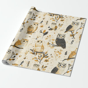Elegant Beige Owl Wildlife Botanical Pattern Wrapping Paper