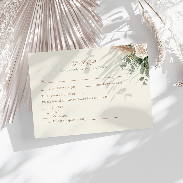 Elegant Beige Pampas Grass & Rose Wedding RSVP Card (Elegant Beige Pampas Grass & Rose Wedding RSVP Card on a sunny table with neutral dry botanicals)
