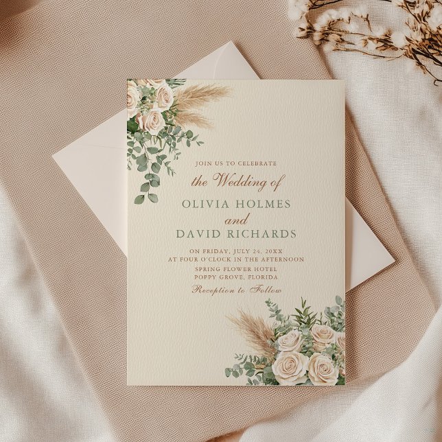 Elegant Beige Pampas Grass Wedding Invitation (Boho Pampas Grass & White Rose Wedding Invitation with envelope on an elegant wedding table)