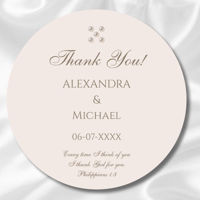Elegant Beige Pearl Christian Wedding Thank You Classic Round Sticker (Creator Uploaded)