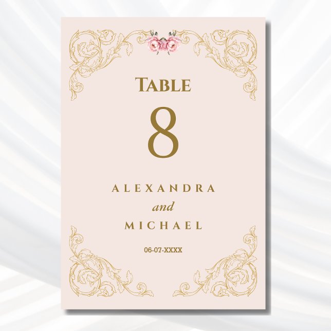 Elegant Beige Pink Ornate Baroque Wedding  Table Number (Creator Uploaded)