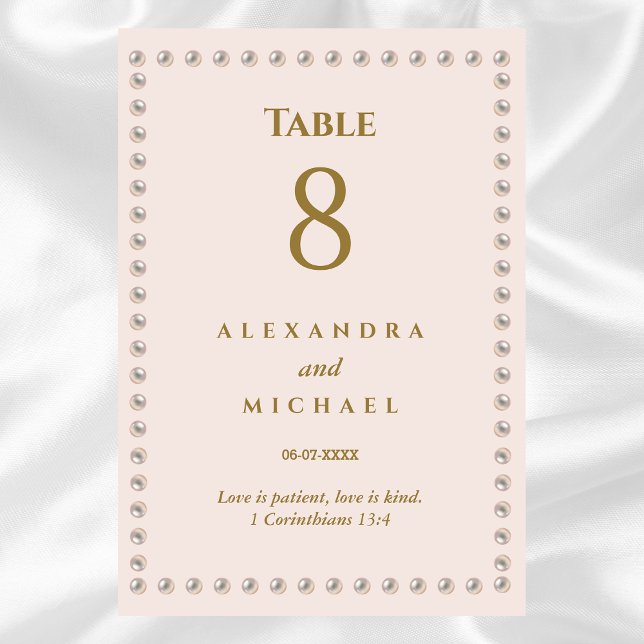 Elegant Beige Pink Pearl Christian Wedding  Table Number (Creator Uploaded)