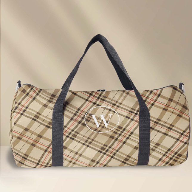 Elegant beige plaid pattern monogram duffle bag (Creator Uploaded)