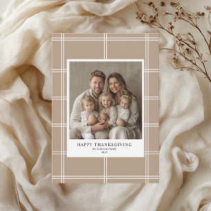 Elegant Beige Plaid Thanksgiving Family Photo Invitation