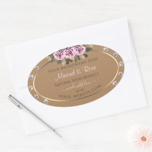 Elegant Beige Product Labels Pink Roses Diamonds