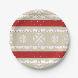 Elegant Beige Red White Christmas Snowflake Design Paper Plate
