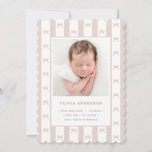 Elegant Beige Ribbon Bow Girl Birth Announcement (Front)