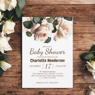 Elegant Beige Rose Girl Baby Shower Invitation