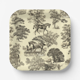 Elegant Beige Rustic Horses Toile Paper Plate