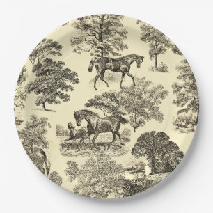 Elegant Beige Rustic Horses Toile Paper Plate