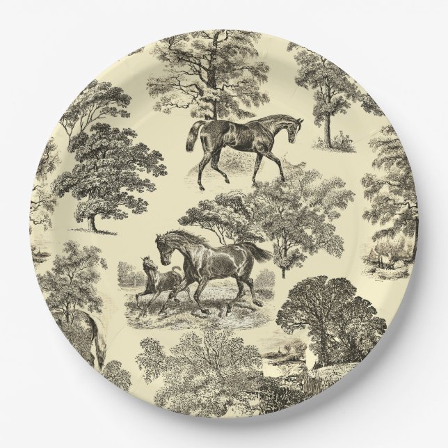 Elegant Beige Rustic Horses Toile Paper Plate (Front)