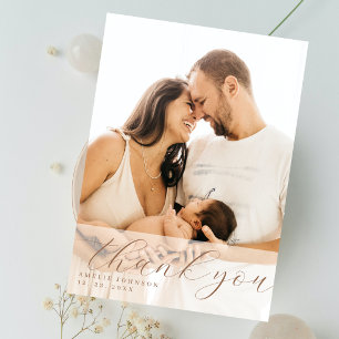Elegant Beige Script Overlay Photo Baby Shower Thank You Card