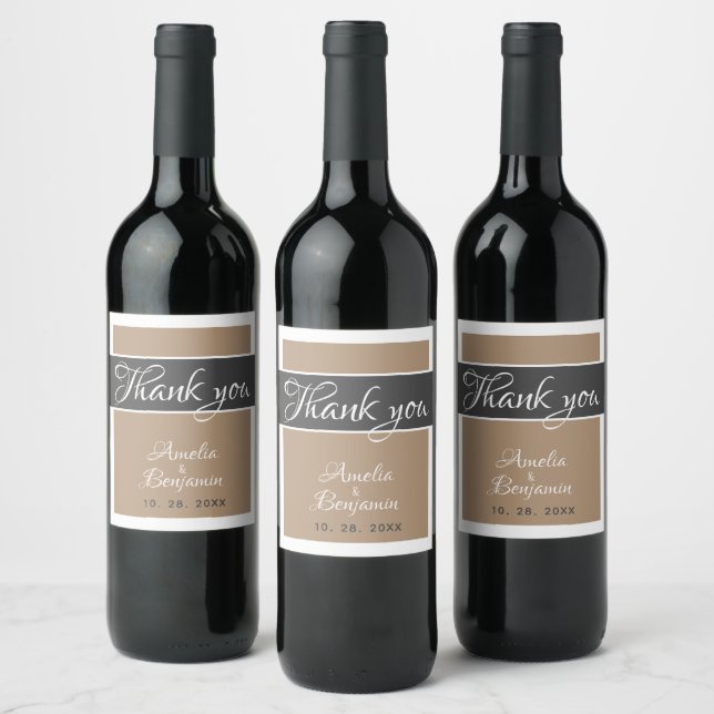 Elegant Beige Script Wedding Thank you Wine Label (Bottles)