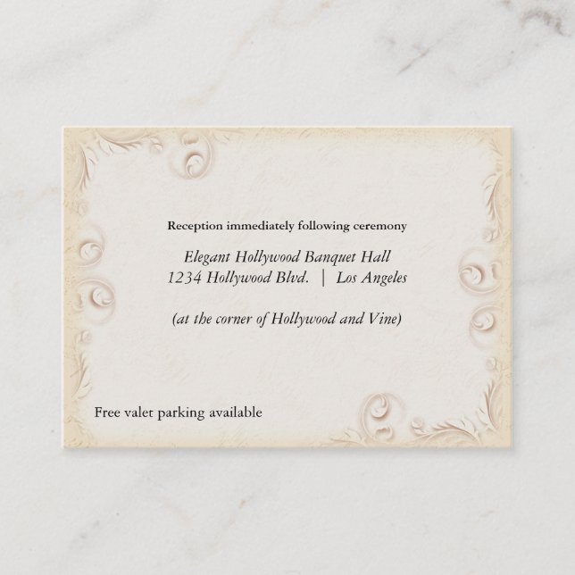 Elegant Beige Scrollwork Wedding Reception Card (Front)