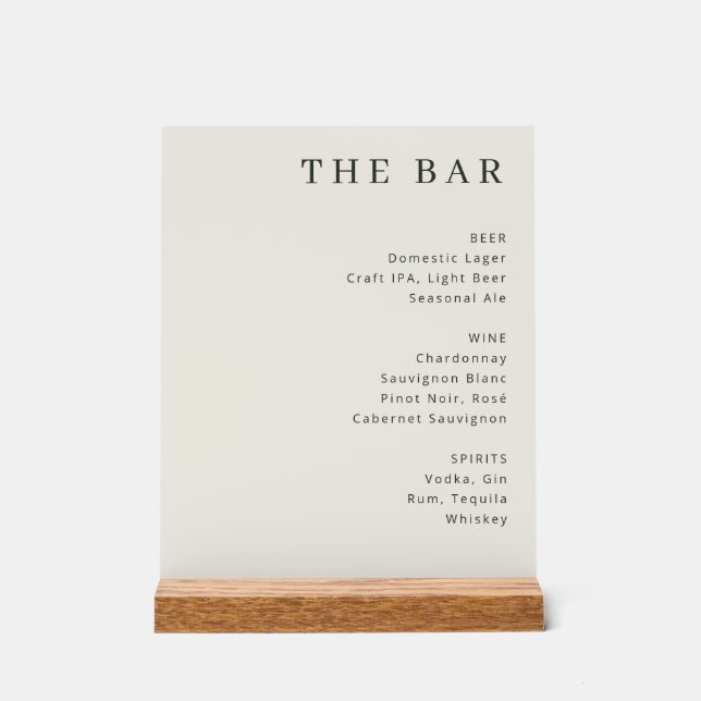Elegant Beige Serif Bar Menu Acrylic Sign (Front)