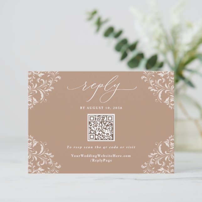 Elegant Beige Taupe Neutral Wedding QR Code RSVP Card (Standing Front)