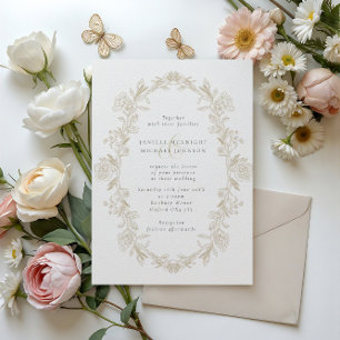 Elegant Beige Toile Floral Wreath Wedding Invitation