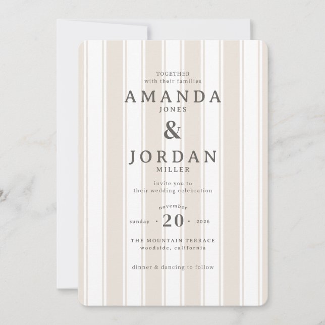 Elegant Beige Vertical Stripes Invitation (Front)