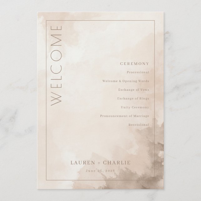 Elegant Beige Watercolor Ceremony Schedule Program (Front)
