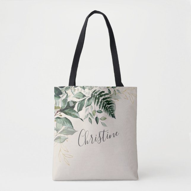 Elegant Beige Watercolor Greenery Bridal Party Tote Bag (Front)