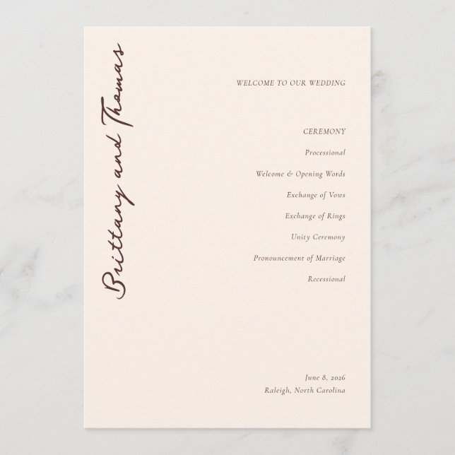 Elegant Beige Wedding Ceremony Program (Front)