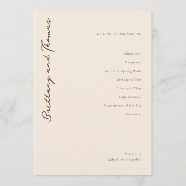 Elegant Beige Wedding Ceremony Schedule Program (Front)