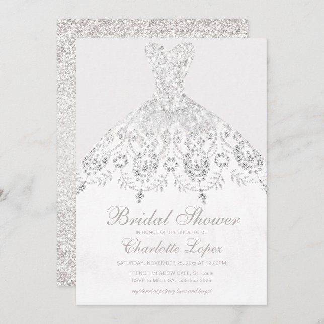 Elegant Beige White Glitter Dress Bridal Shower Invitation (Front/Back)