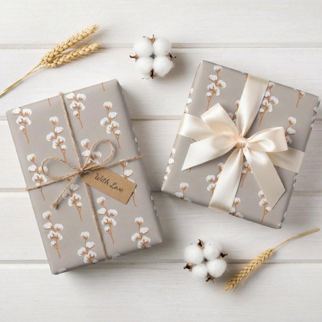 Elegant Beige Wrapping Paper with Cotton Branch (Creator Uploaded)