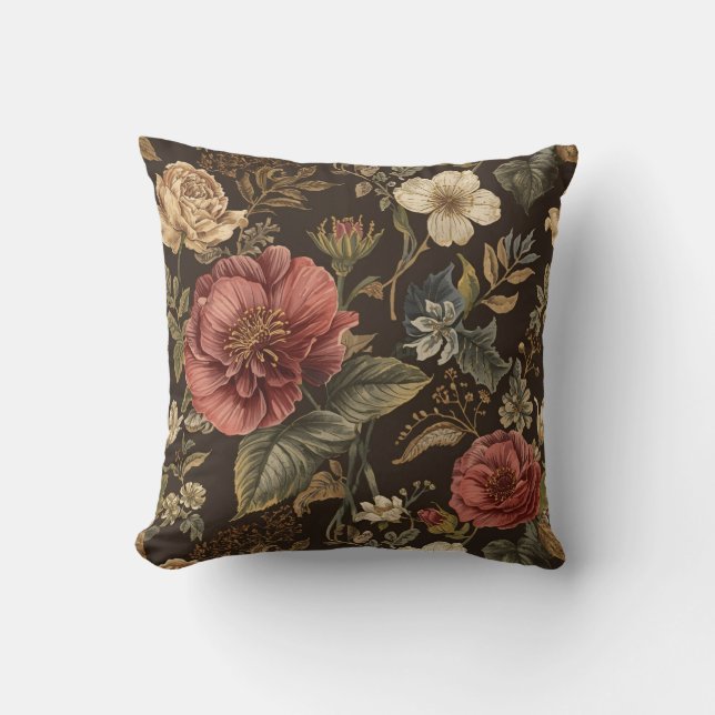 Elegant, Beigie Maroon Brown Flowers Pattern Cushion (Front)