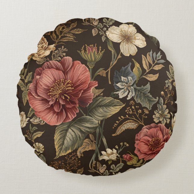 Elegant, Beigie Maroon Brown Flowers Pattern Round Cushion (Front)