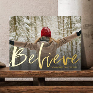 Elegant Believe Gold Script Photo Foil Holiday Postcard