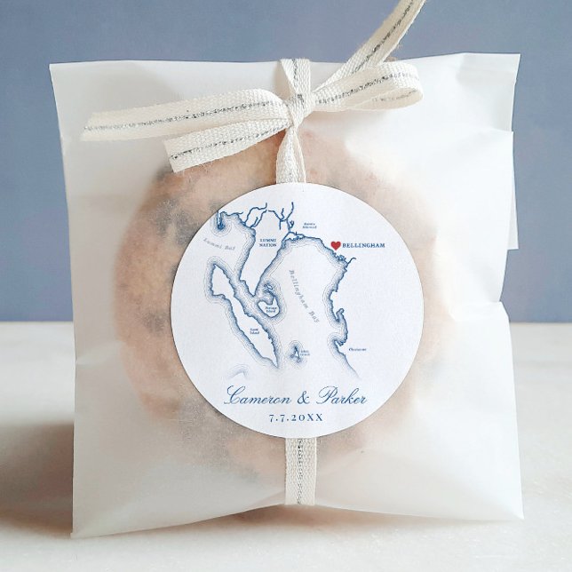 Elegant Bellingham Washington Map Wedding Favour Classic Round Sticker (Elegant Bellingham Washington Wedding favor round sticker labels with navy blue map from Coastal Map)