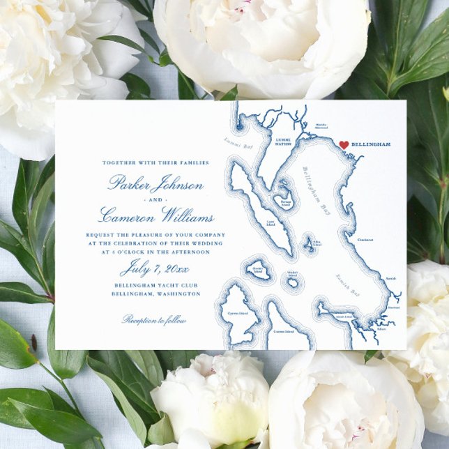 Elegant Bellingham Washington Map Wedding Invitation (Elegant Bellingham Washington  Map wedding invitation in navy blue from Coastal Map Designs)