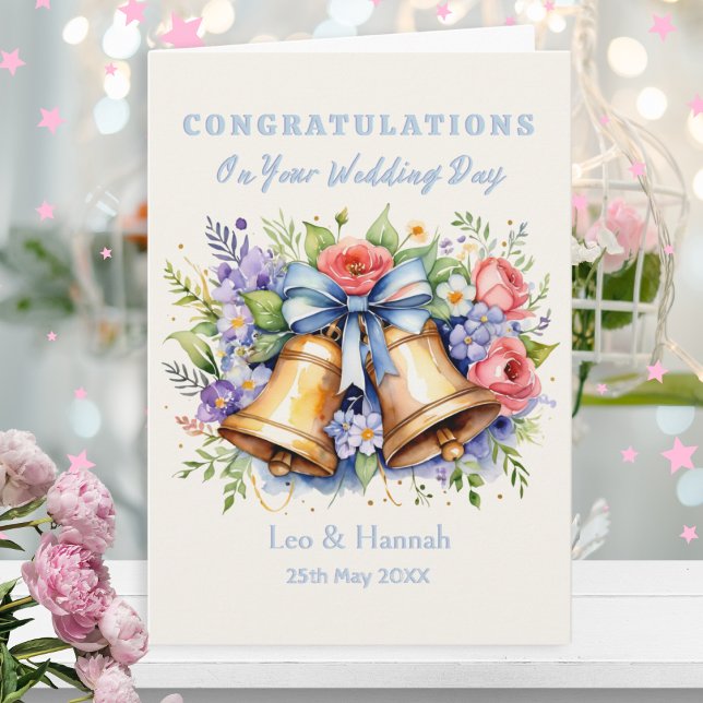 Elegant Bells Flowers Congratulations Wedding Day Card (An elegant card for congratulations to a newlywed couple, with illustration of bells and flowers)