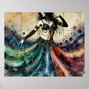 Elegant Belly Dancer Flowing Jewel-Toned Costume Poster