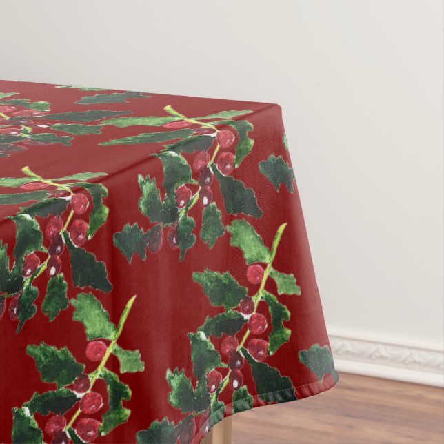 Elegant Berries Christmas Botanical Simple Red Tablecloth (In Situ)