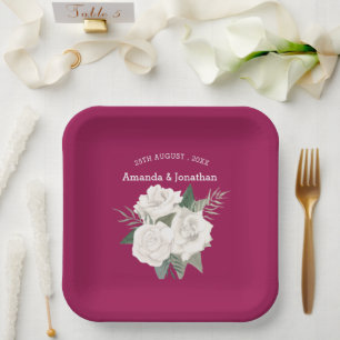 Elegant Berry and White Roses Wedding  Paper Plate