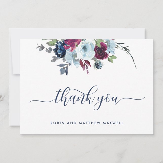 Elegant Berry, Blue and Burgundy Floral Thank You  Card (Front)